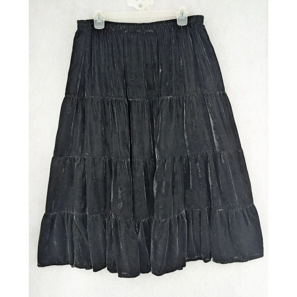 White Stag Velvet Tiered Maxi Skirt XL Petite Black Ruffle Boho Whimsigoth